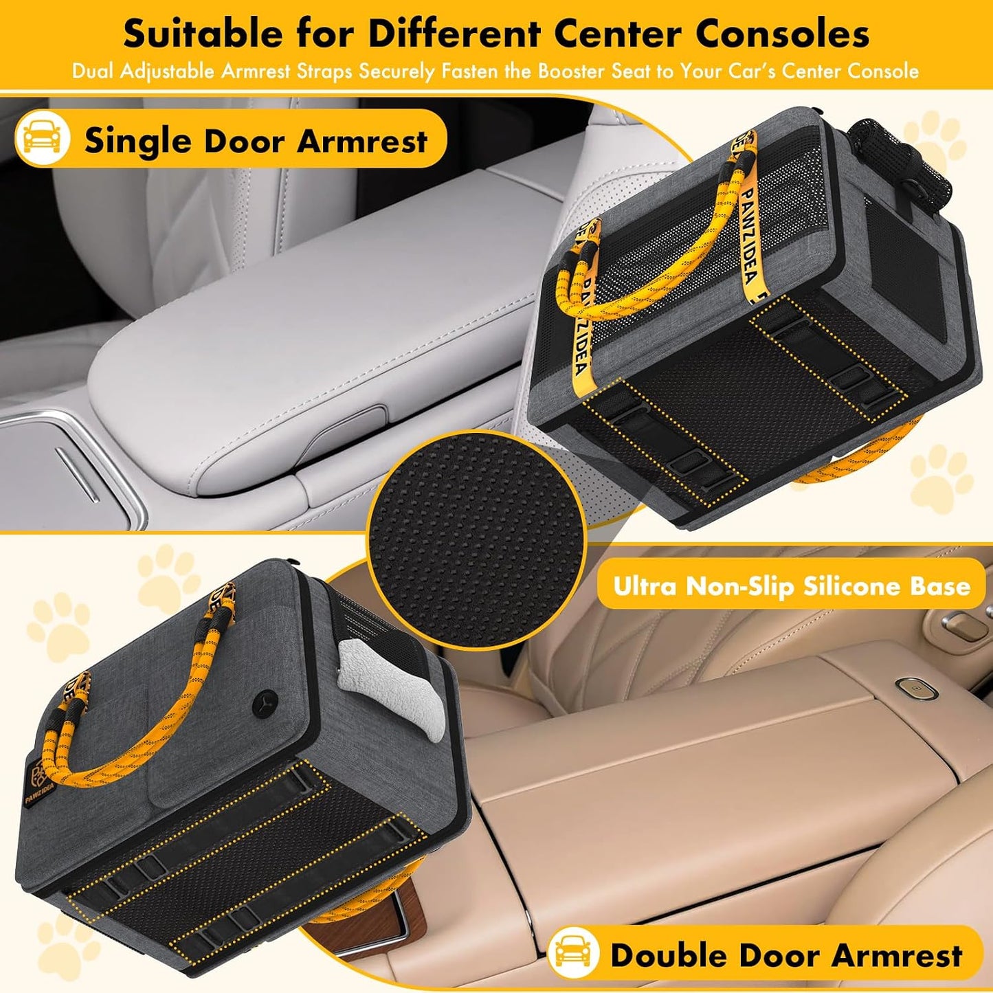 PAWZIDEA Center Console Dog Car Seat, Enclosed Small Dog Armrest Booster Carseat, Secure Straps &Anti Slip, Portable TSA Approved Puppy Pet Carrier Soft-Sided, Removable Pillow Storage Pocket, up 12lb