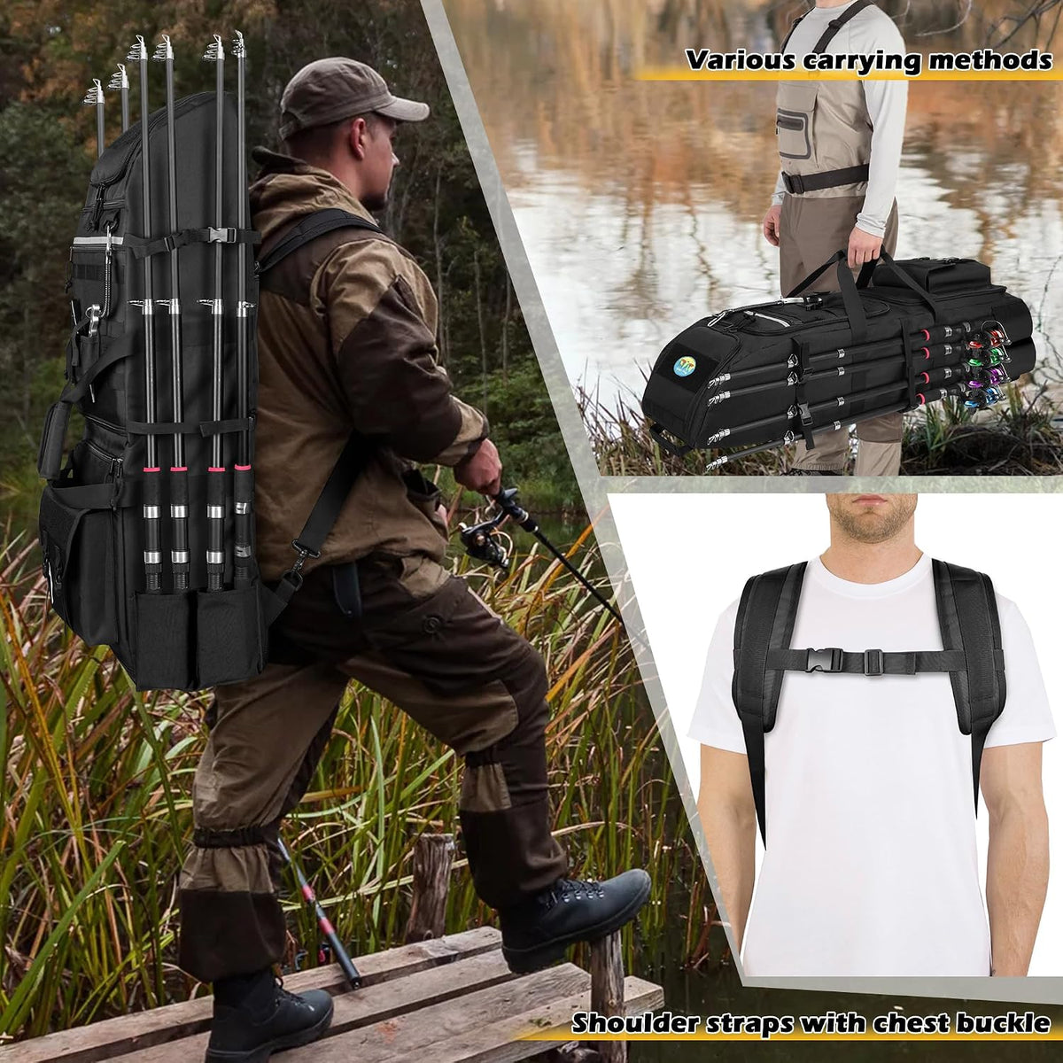 Rexmica Fishing Rod Bag Backpack Holds 8 Rods & Reels, Fishing Tackle Bag with Compartment for Tackle Boxes, Fishing Gear or Equipment, Fishing Pole Carrying Bag with Tactical Molle System