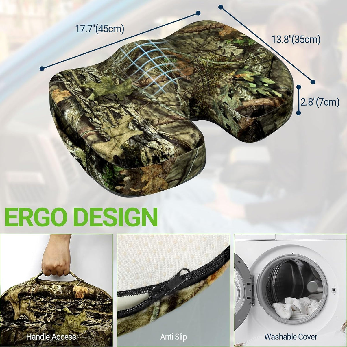 Season Guard Gel Memory Foam Seat Cushion for Tailbone Relief, Mossy Oak