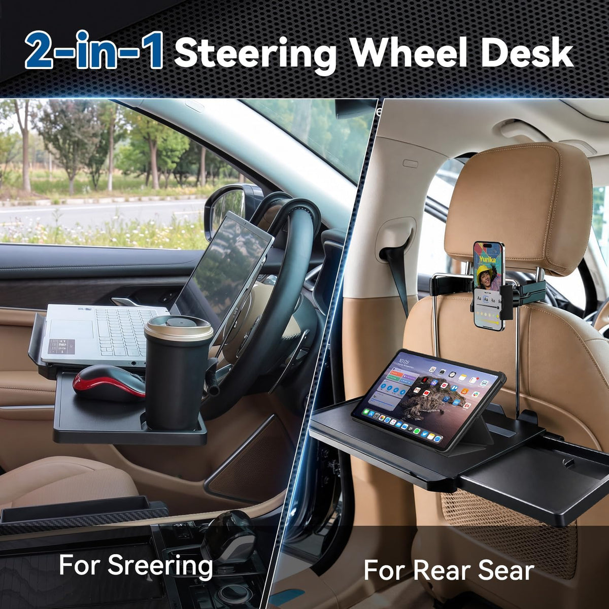XOOL 2 in 1 Car Steering Wheel Tray, Back Seat Headrest Tray with Phone Holder – Foldable/Height Adjustable Steering Wheel Desk, Car Laptop Desk & Food Tray for Cars, SUVs & Trucks