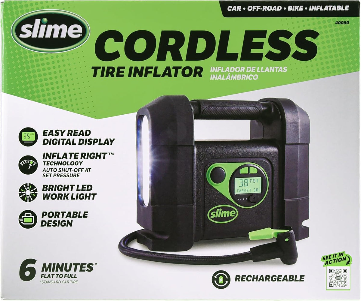 Slime 40085 Tire Inflator, Cordless, Multi-Purpose, Portable Air Compressor Pump, Auto Shut-Off, Lithium Ion Battery and LED Light, Rechargeable, 6 min Inflation