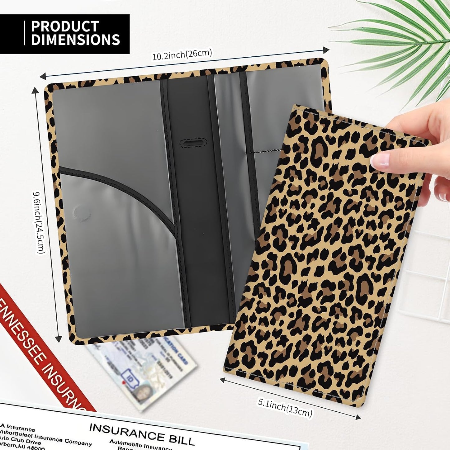 Leather Car Registration and Insurance Card Holder, Cute Car Accessories Vehicle Glove Box Car Organizer for Documents, Cards, License Luxury Brown Leopard