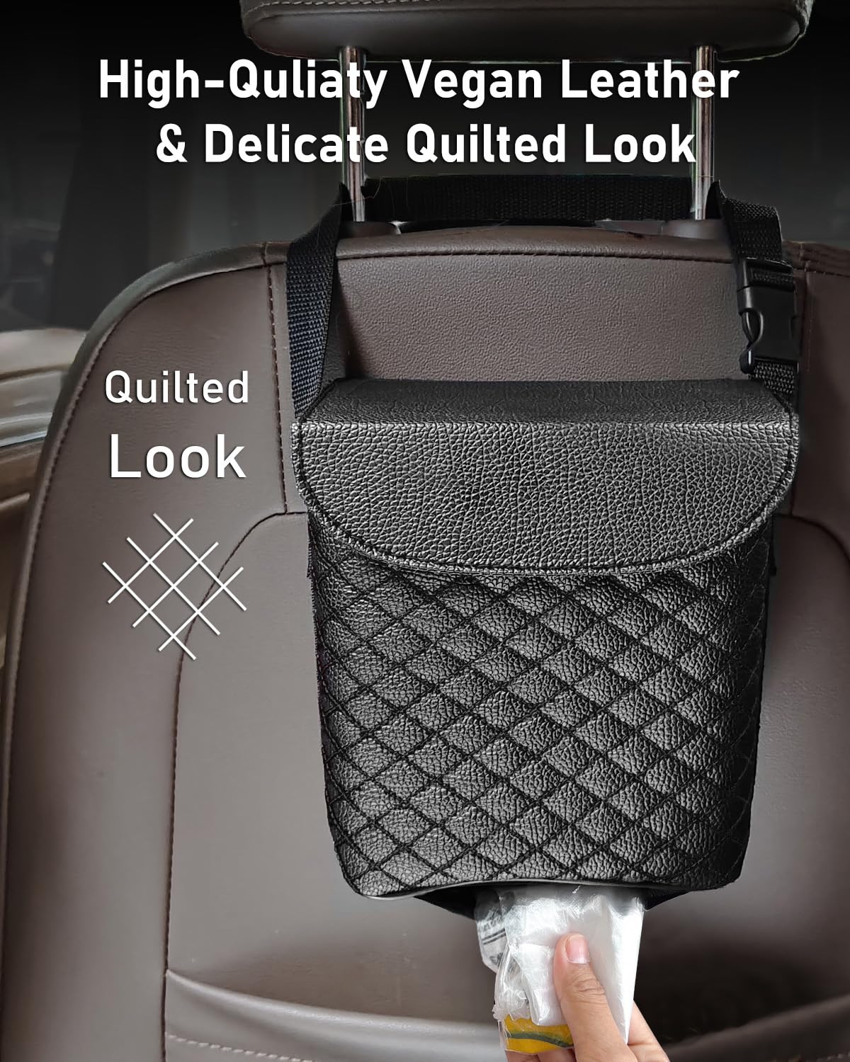 BELINOUS Leather Car Trash Can with Matching Tissue Holder | Waterproof and Leakproof, Mini Car Trash Can with Lid, Adjustable Strap, Small Garbage Bin