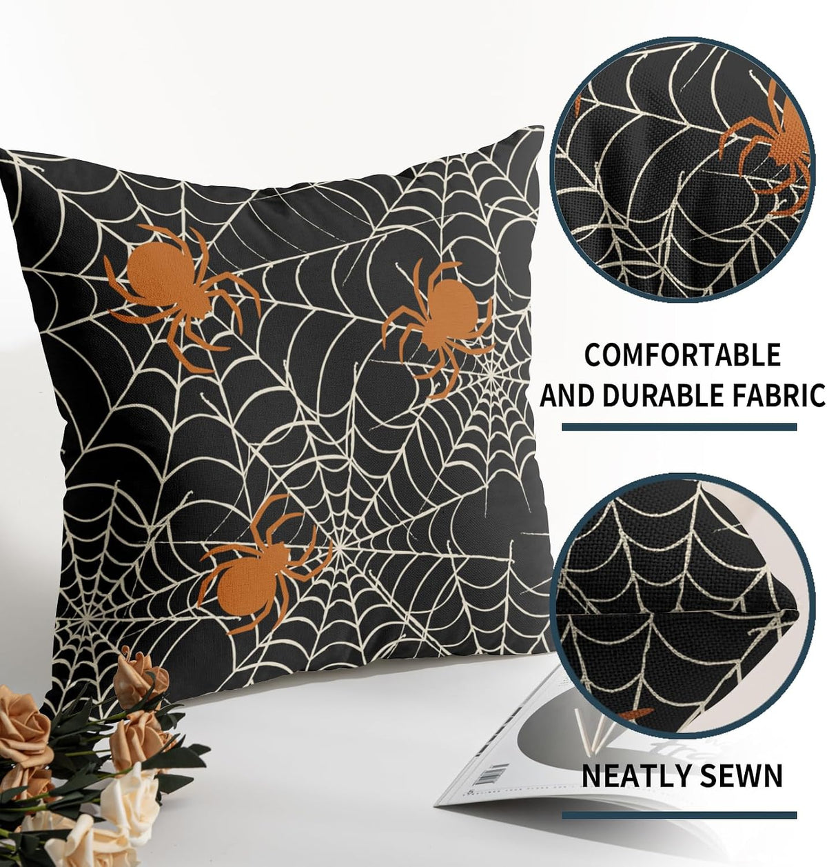 Halloween SpiderWeb Pillow Covers 18x18 Set of 2 Black White Spider Web Orange Spider Outdoor Decorative Throw Pillows Scary Farmhouse Pillowcases Linen Cushion Case Decor for Home Sofa Couch Bed