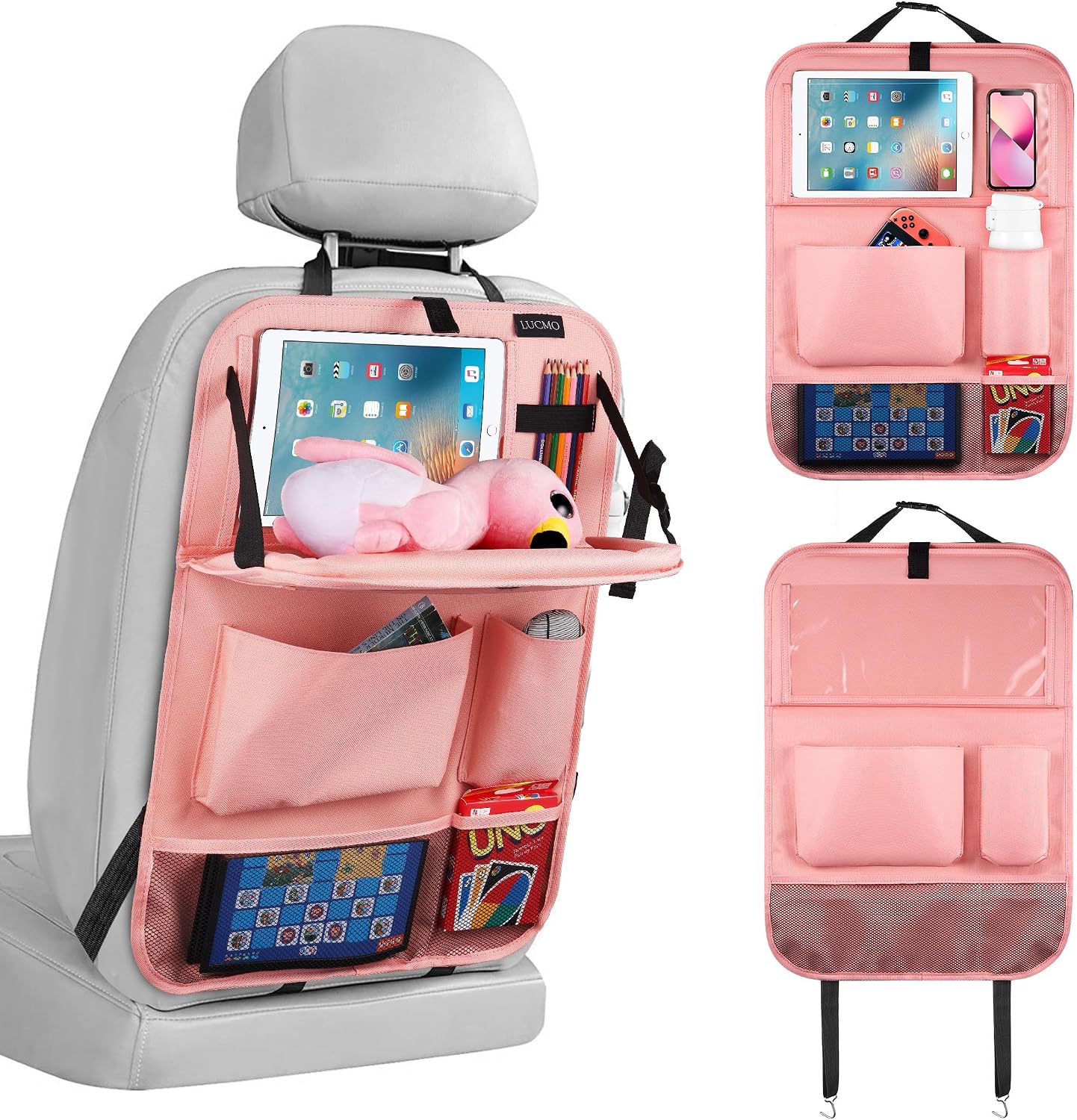 LUCMO Car Backseat Organizer with Foldable Tablet Holder, Pink | 6 Storage Pockets,Foldable Food Tray,Protectors Kick Mats,Travel Accessories,Seat Cover,Road Trip Essentials