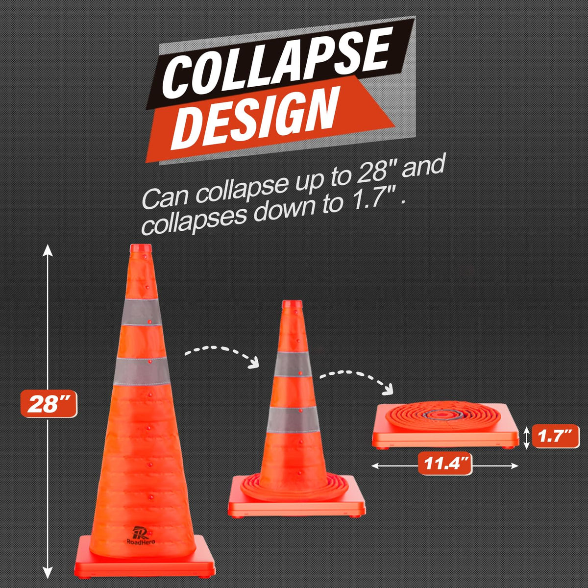 RoadHero 28 Inch 4 Pack Collapsible Traffic Safety Cones with Bag, Orange