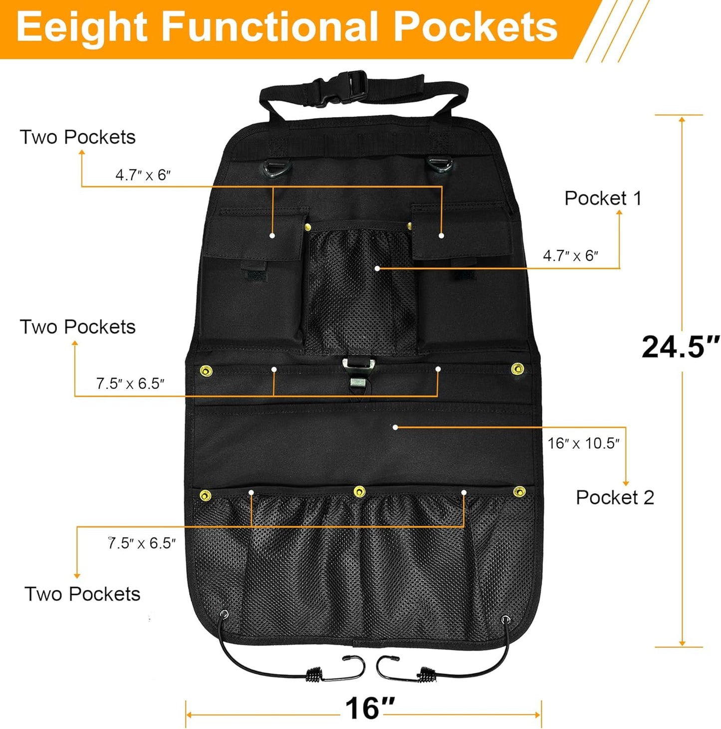 Car Seat Back Organizer with Multiple Storage Pockets, Black Mesh and Fabric, Universal Fit