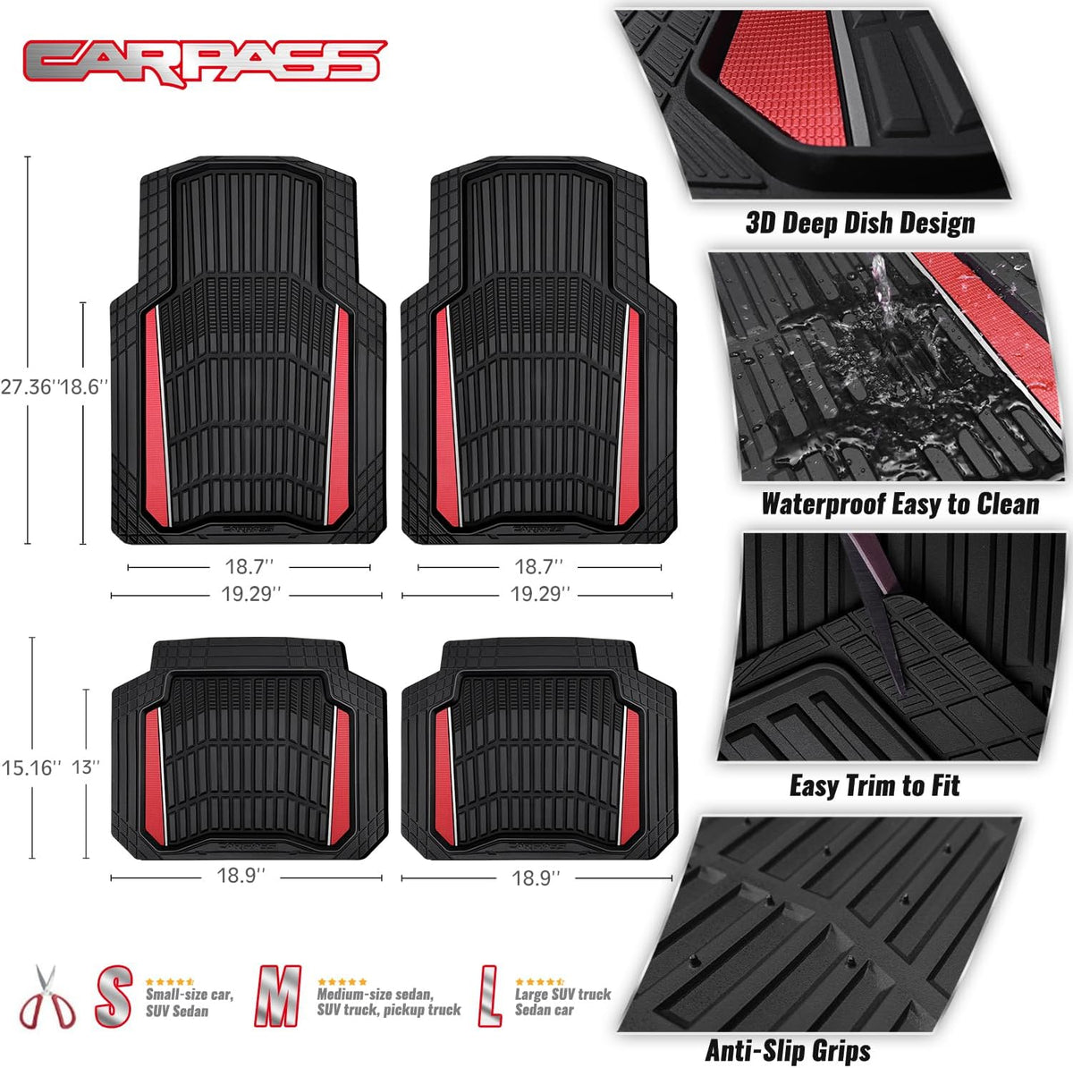CAR PASS Heavy Duty Rubber Car Floor Mats, Deep Waterproof Car Floor Mats All Weather, Aluminum Film Floor Mats for Cars Non-Slip Universal Trim to Fit for SUVs Trucks Sedans Vans, Black Red Metallic