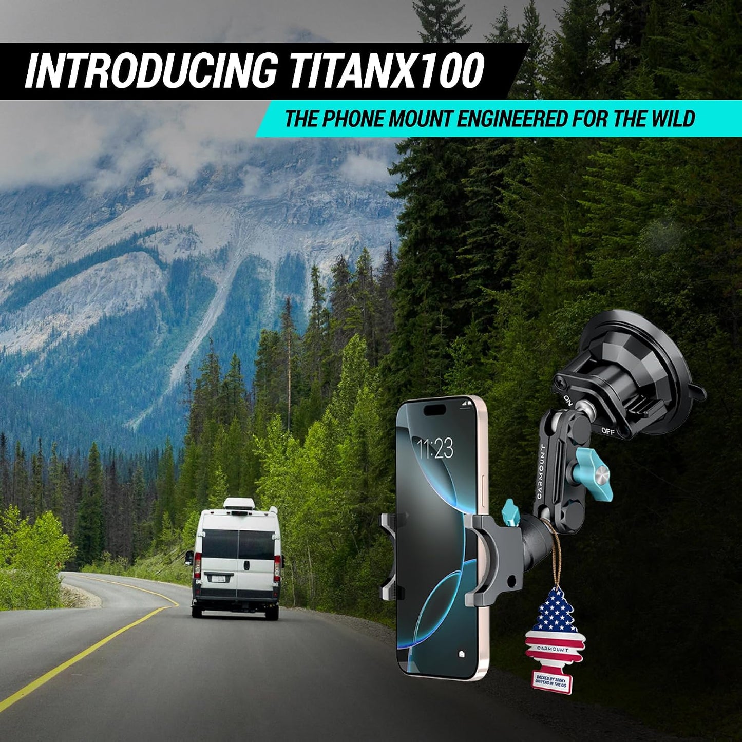 CARMOUNT TitanX100 – Suction Cup Phone Mount for Car & Truck – Heavy Duty Metal Phone Holder, Windshield Phone Mount for iPhone, Android, GPS & All Devices