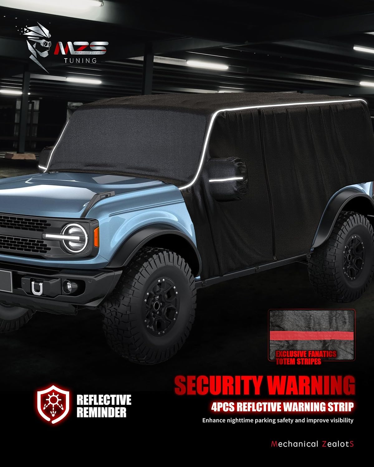 MZS Cab Cover Compatible with Bronco 4 Door 2021-2026, 600D Waterproof Bronco Cover with Driver Door Zipper 8 Gust Hook Car Half Cover Windproof Sun Snow Rain Scratch Protection