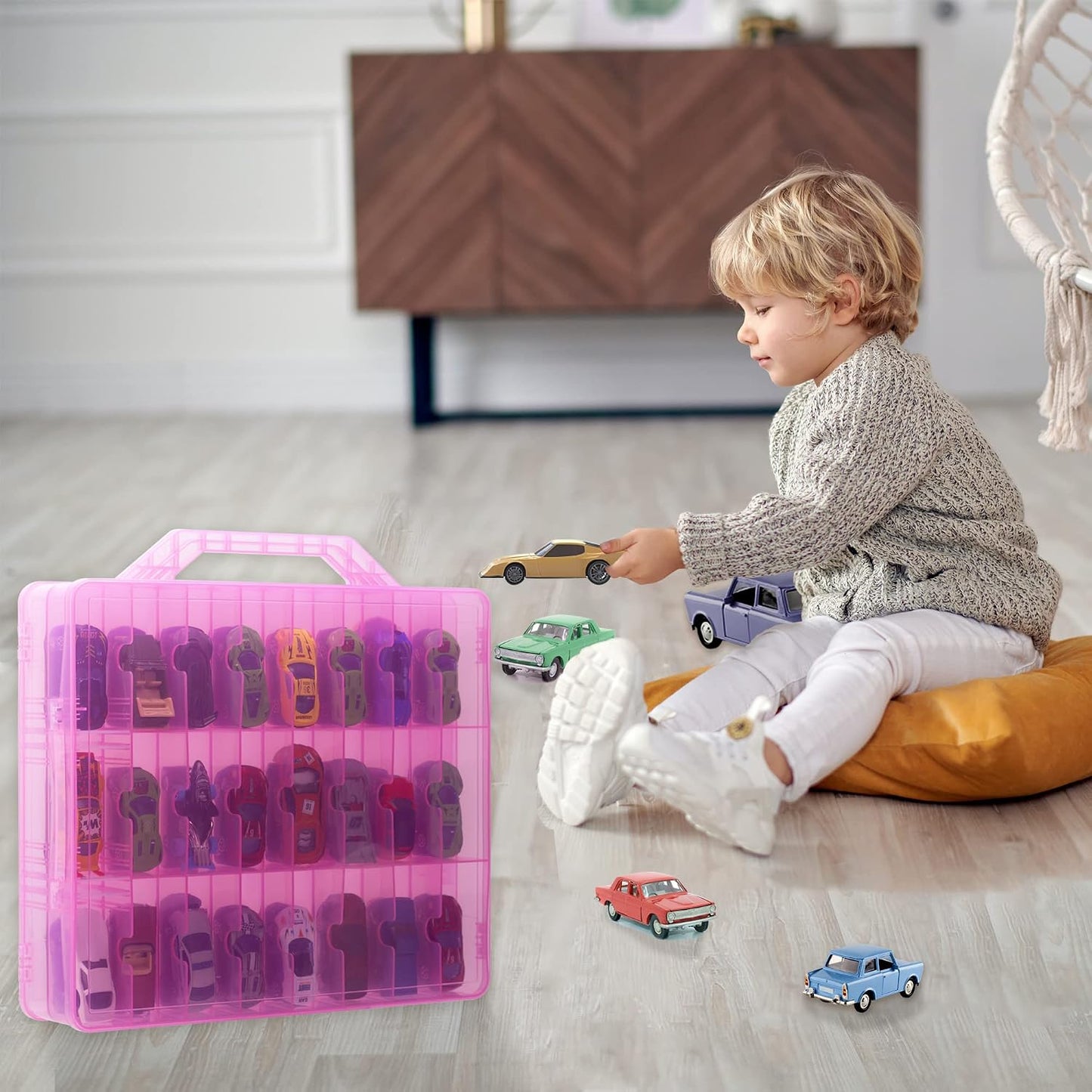 Double Sided Diecast Cars Storage Case for 48 Diecast Cars, Matchbox Cars, Mini Cars, Portable Transparent Storage Case for Diecast Cars, Matchbox Cars with 48 Compartments, Case Only