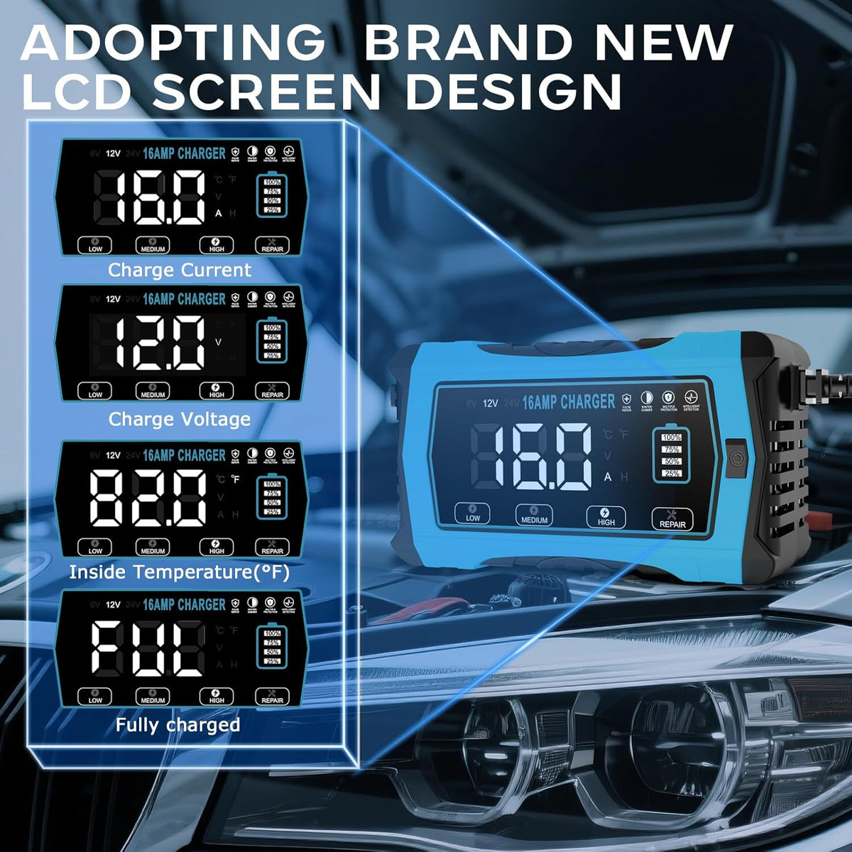 16A Battery Charger, 6V/12V/24V, Battery Maintainer Trickle Charger for Car