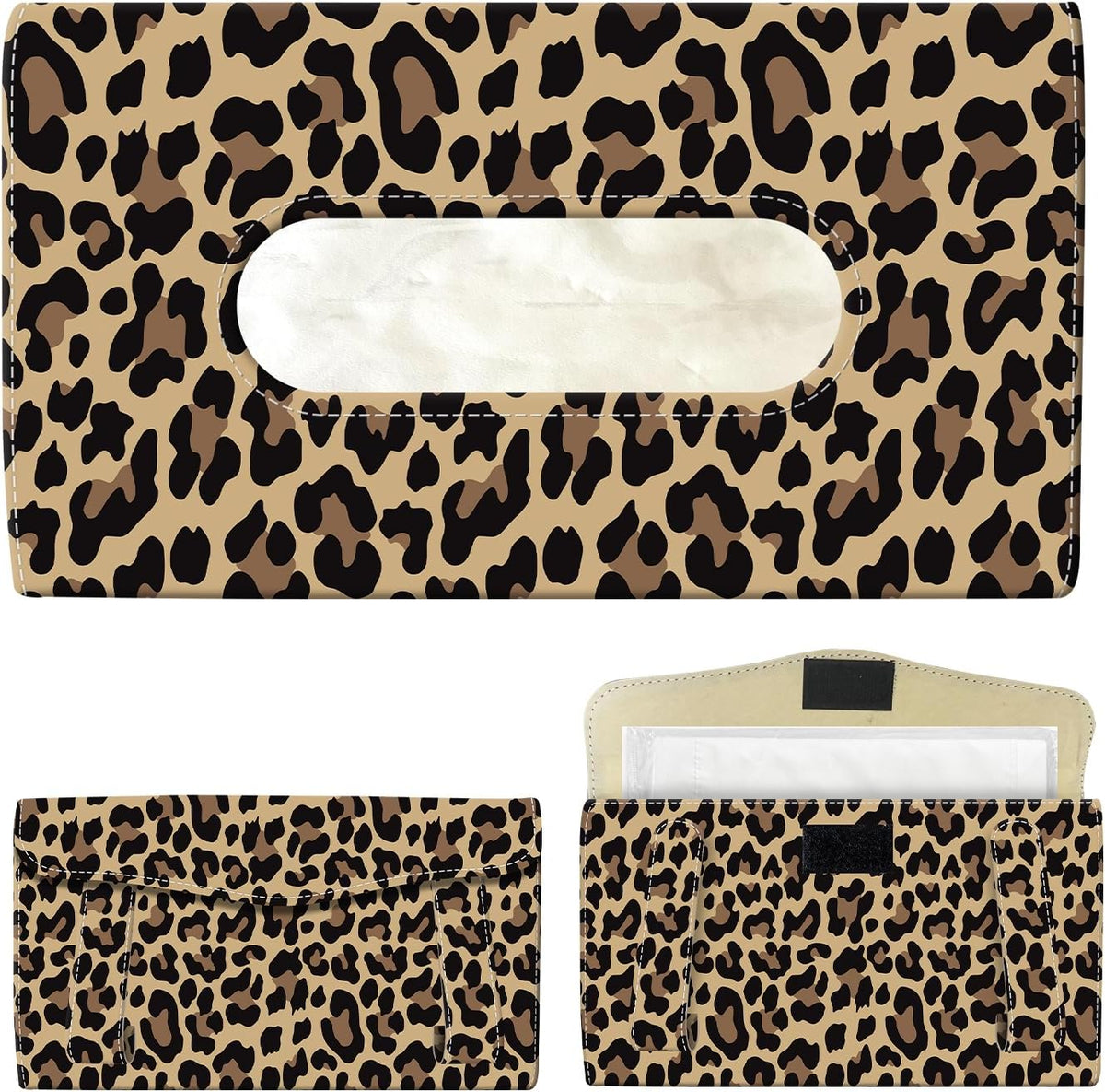 Car Tissue Holder, Cute Sun Visor Napkin Holder Backseat Tissue Case, PU Leather Tissue Box, Funny Car Accessories for Women Men Luxury Brown Leopard