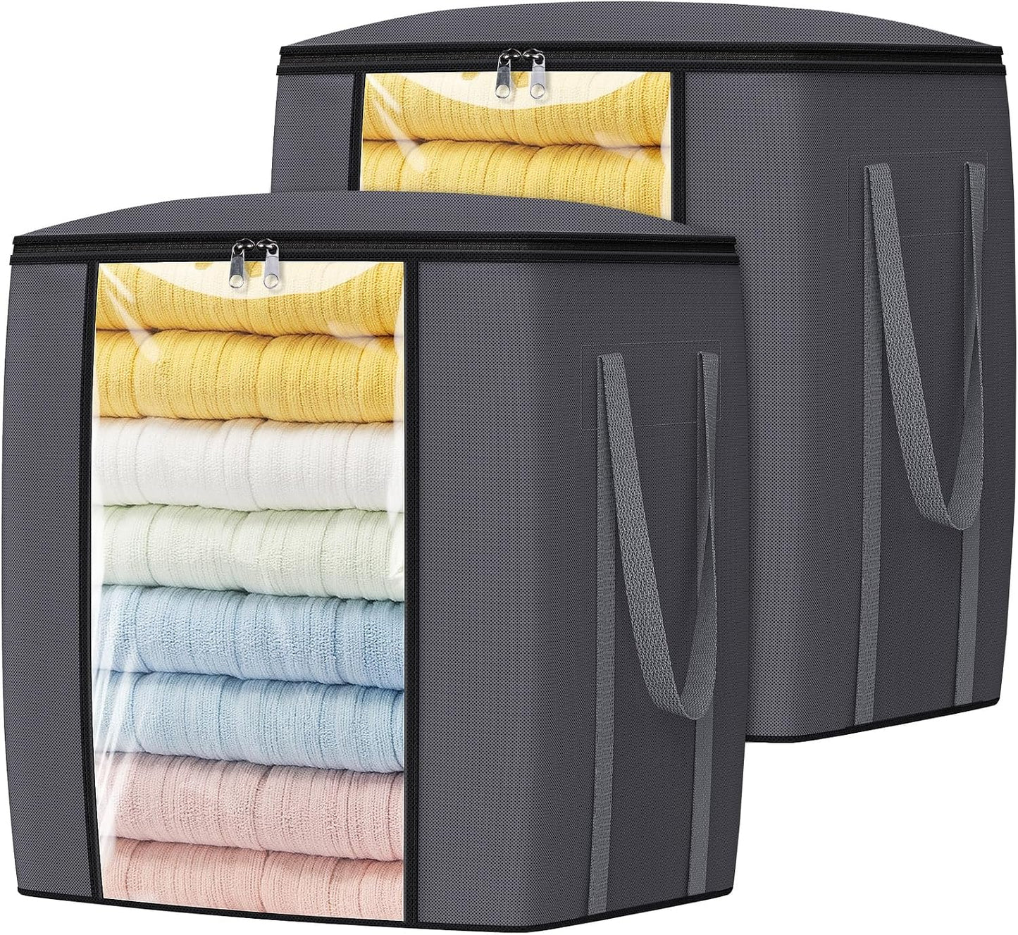 TasticTotes 120L Extra Large Clothes Storage Bags, Foldable Blanket Storage and Organization, Thick Fabric Containers with Reinforced Handles & Zippers for Clothing, Comforters, Bedding, Gray, 2 Pack