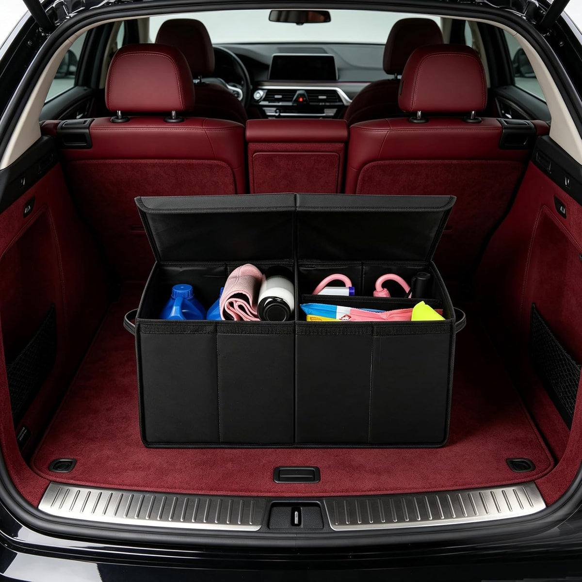AOKJOY Car Trunk Organizer with Lid, Large, Black, Leather, Foldable, for SUV, Truck, Sedan, 24x12x14 Inches, 3 Compartments