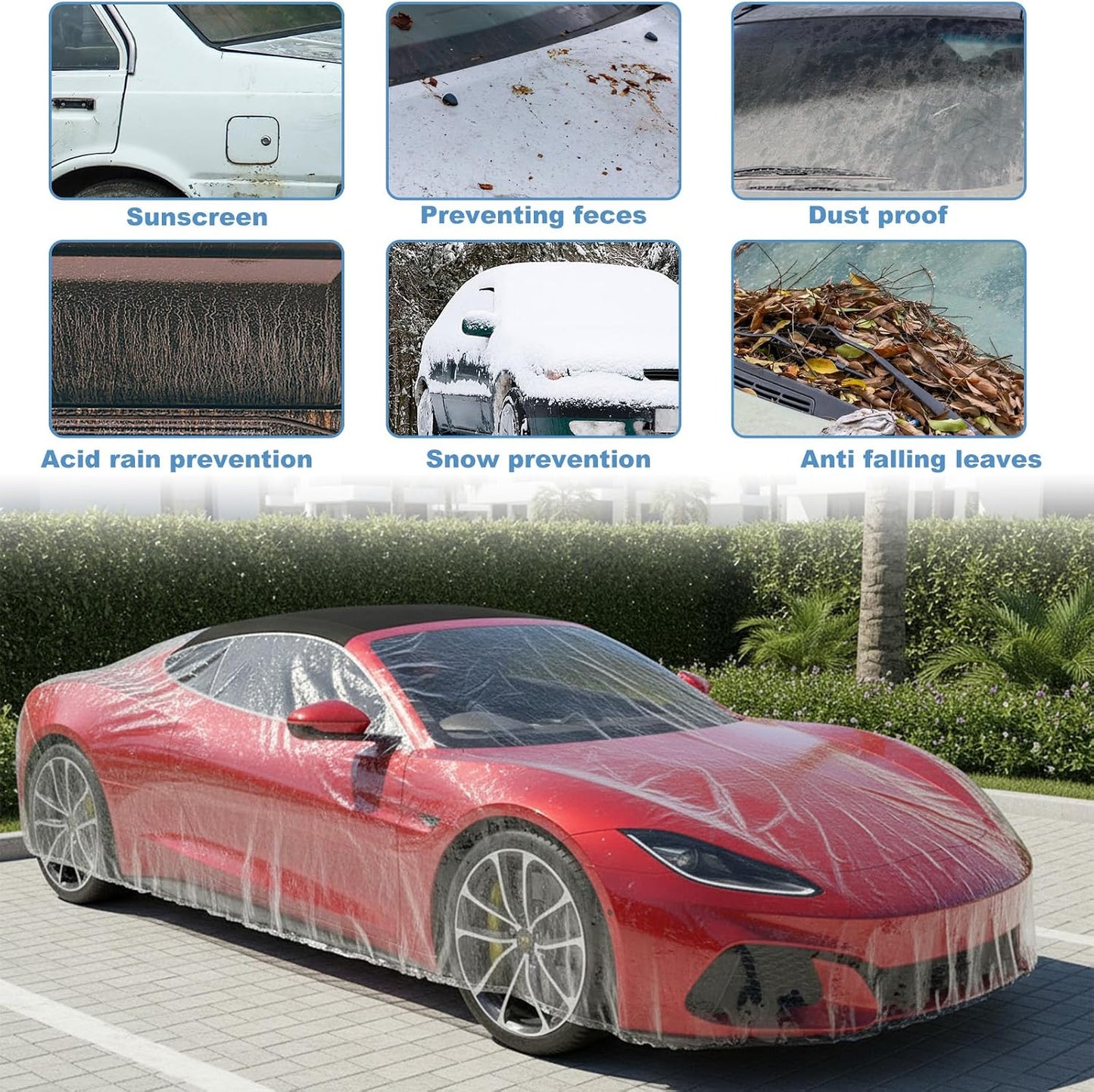 Sibba 5 Pack Disposable Car Covers, Plastic Car Cover Universal Waterproof Clear Cars Covers Vehicle Cars Cover with Elastic Bands for Sedan Outdoor Snow Rain Weather (12.4 ft x 21.6 ft)