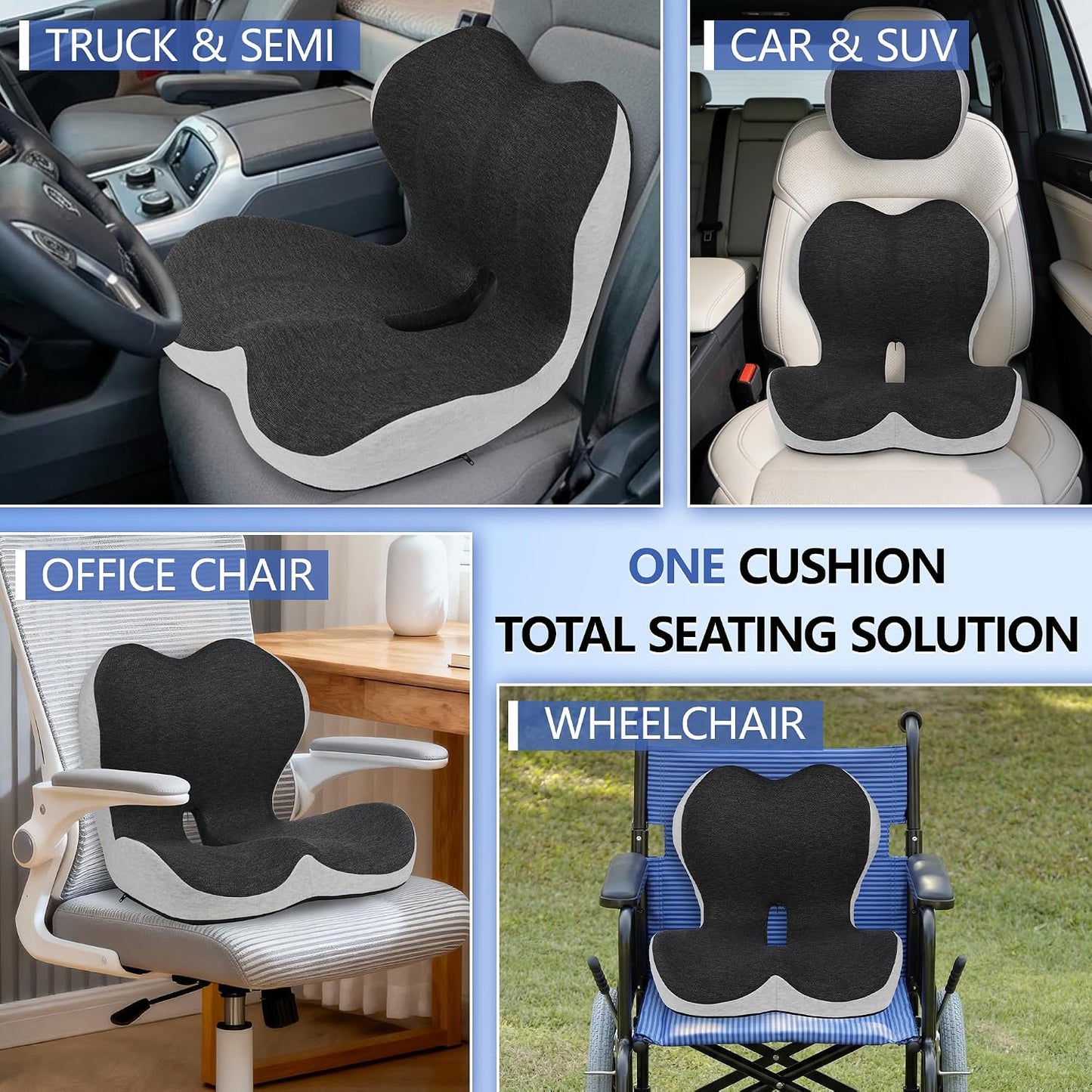 Truck Driver Seat Cushion Set - Memory Foam for Lower Back & Sciatica Pain Relief - Ergonomic Headrest Neck Pillow for Semi Truck & Car Dark Gray