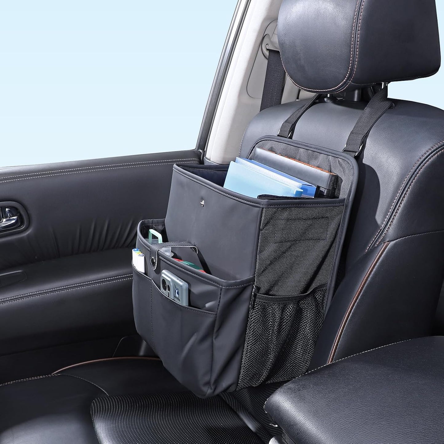 TAIKOO Front Seat Car Organizer Passenger Seat Organizer for Car Truck SUV | Leather Car Seat Organizer with Large 13.8" Pocket for Laptop Tablet File Folder, Hanging Backseat Storage for Vehicle