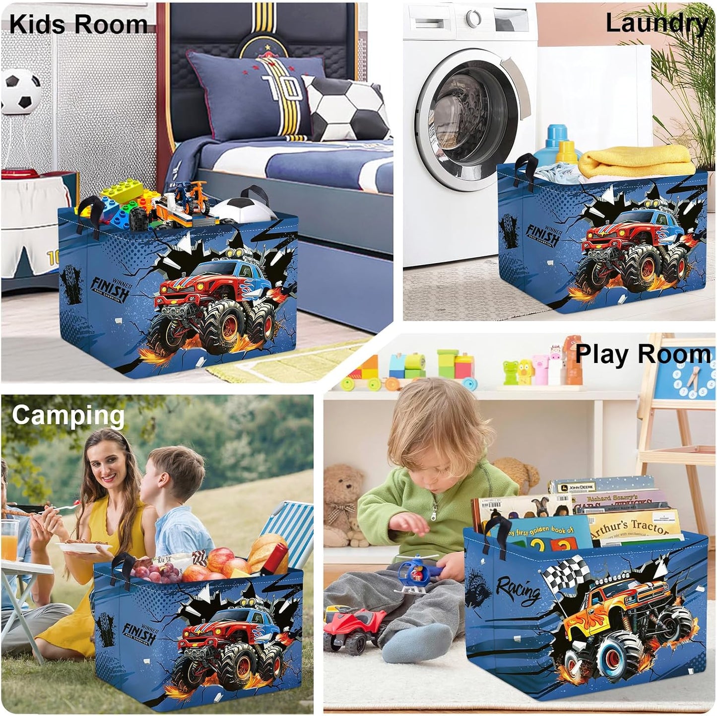 Racing Car Baby Laundry Hamper with Handle Clothes Kids Storage Basket Collapsible Boys Gift Toy Box Bin for Nursery Room, Blue, 36L
