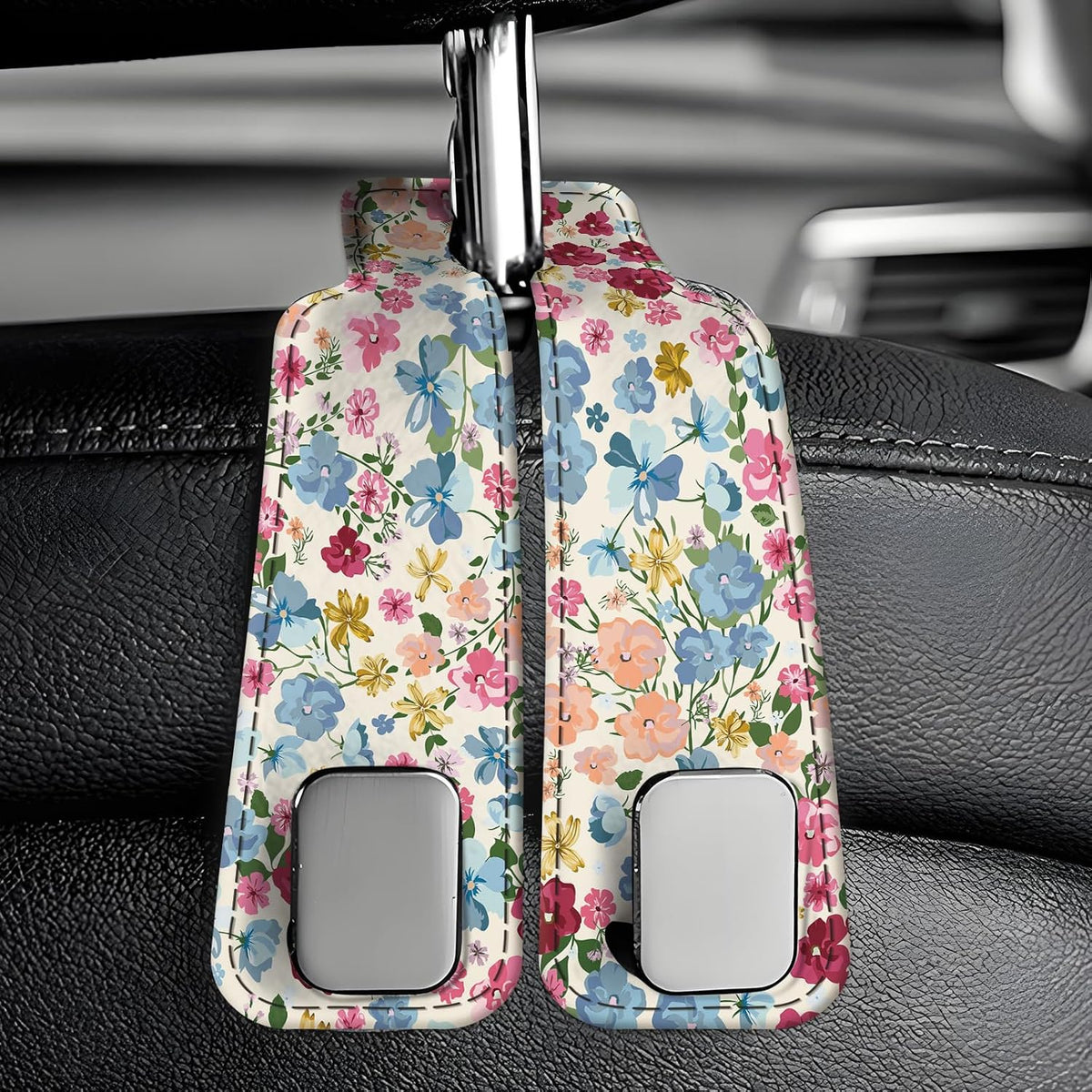 Car Seat Back Storage Headrest Hook, Premium Leather Double Metal Hook, Hanger Storage Organizer for Purse Cloth Bag, Car Interior Accessories Colorful Boho Flowers