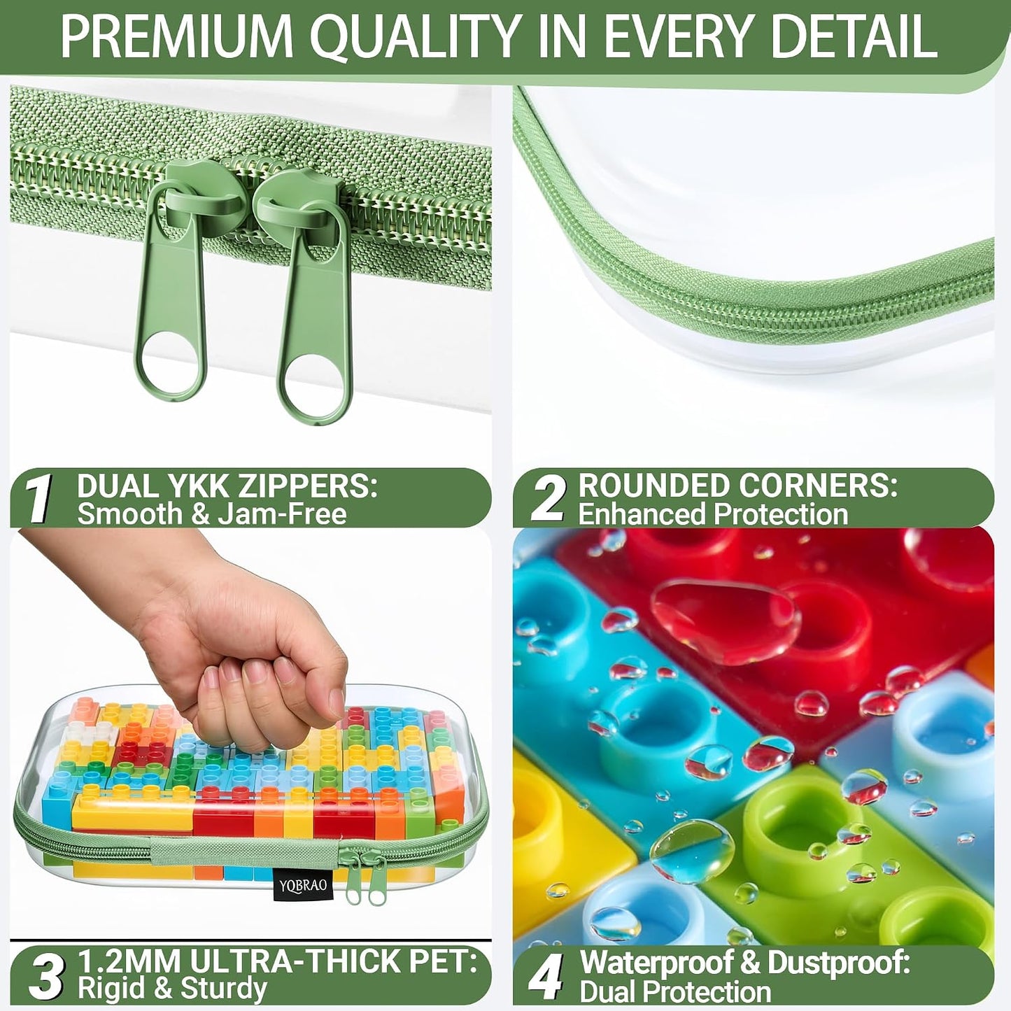 6 Pack Green Clear Hard Shell Beauty Organizer (2M+4S), 1.2mm Heavy Duty Crush-Proof Cosmetic Case, Reinforced YKK Zippers, Stadium Approved Security Bag for Skincare & Electronics, Multi-Size Set