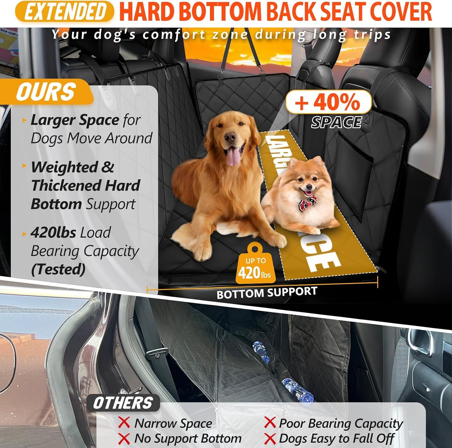 Back Seat Extender for Dogs-Large Space, Dog Car Seat Cover Hard Bottom Holds 420lbs, Sturdy Backseat Extender for Dogs,Upgraded Waterproof Pet Car Bed Dog Hammock for Car, SUV,Truck, Black