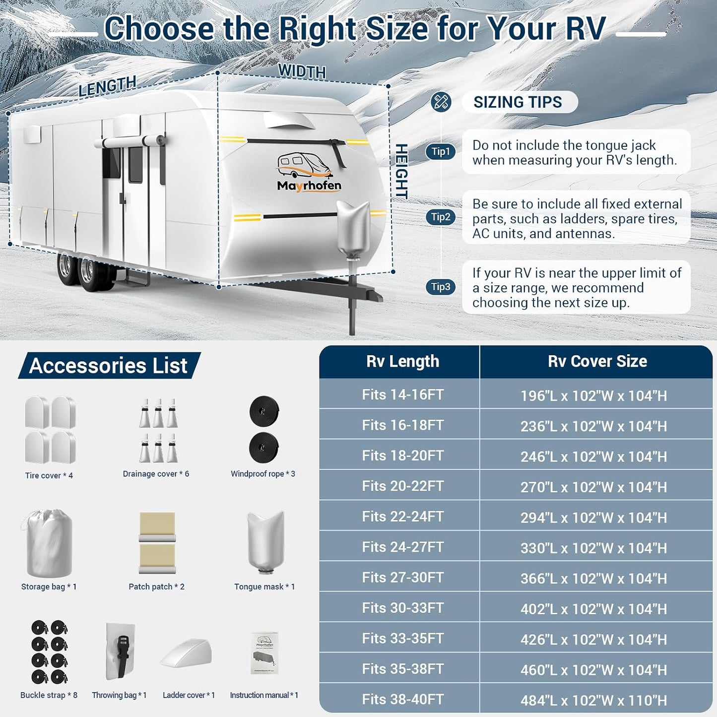 600D Oxford Fabric RV Cover 18-20ft Travel Trailer Cover, 6 Layers Waterproof Rip-Resistant Anti-UV Motorhome Camper Cover with Tongue Jack Protection, Tire Covers, Windproof Straps