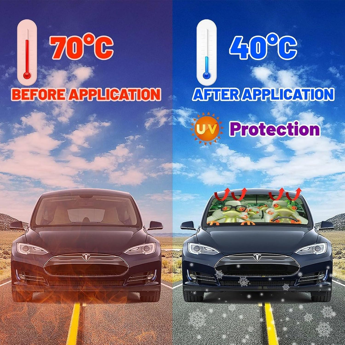 CHILL·TEK Print Frog Windshield Sun Shade Funny Frog Sun Shade for Car Front Window Block UV Rays Foldable Umbrella Windshield Sun Visor Protector Keep Vehicle Cool for Most Vehicles