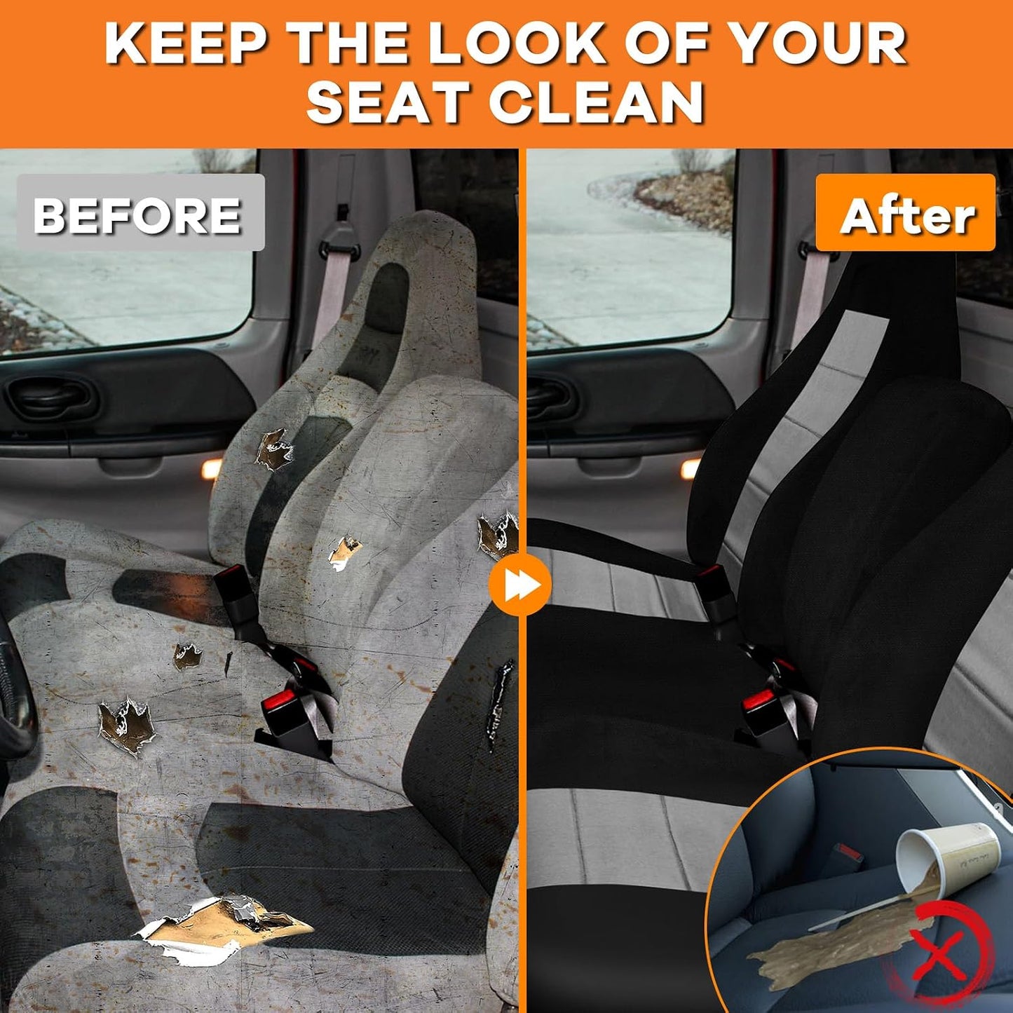 Front Truck Seat Covers for 1997-2000 Ford F-150 | 40/60 Split Bench with Opening Center Console, Not with Airbags Next to The Headrest, Black&Gray
