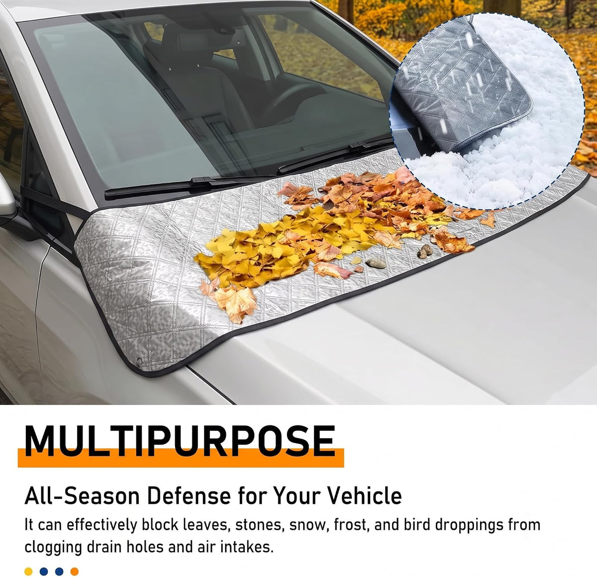 Car Windshield Rain Trough Cover, Sun & Snow & Leaves Protection Shield for All Season, Foldable Adsorption-type & Windproof Fixed Strap Shade, for Most Cars Trucks Vans SUVs (Silver)