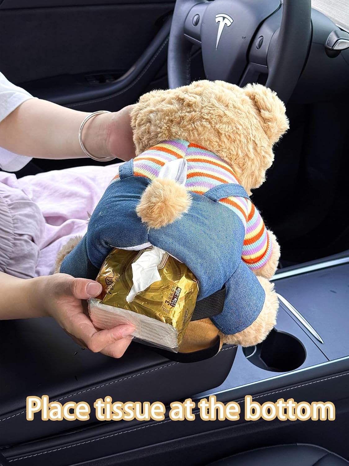 Cute Car Trash Can with Tissue Holder Teddy Bear Tissue Box Console Stuffed Animal Organizer Plush Doll Multifunctional Creative Accessories for Women Rainbow Bear