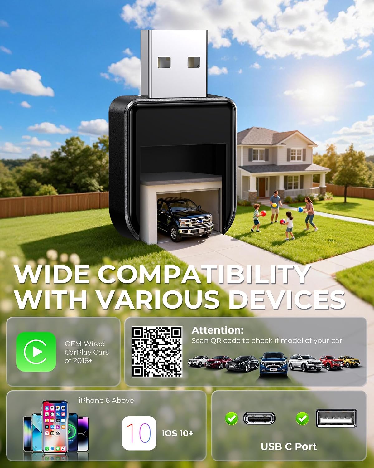 Wireless Carplay Adapter for iPhone Latest Upgrade, Tiny Bluetooth Receiver Convert Wired to Wireless for Apple Car Play Plug & Play, Zero-Lag Media GPS Works with 2016+ Cars (Ebony Black)