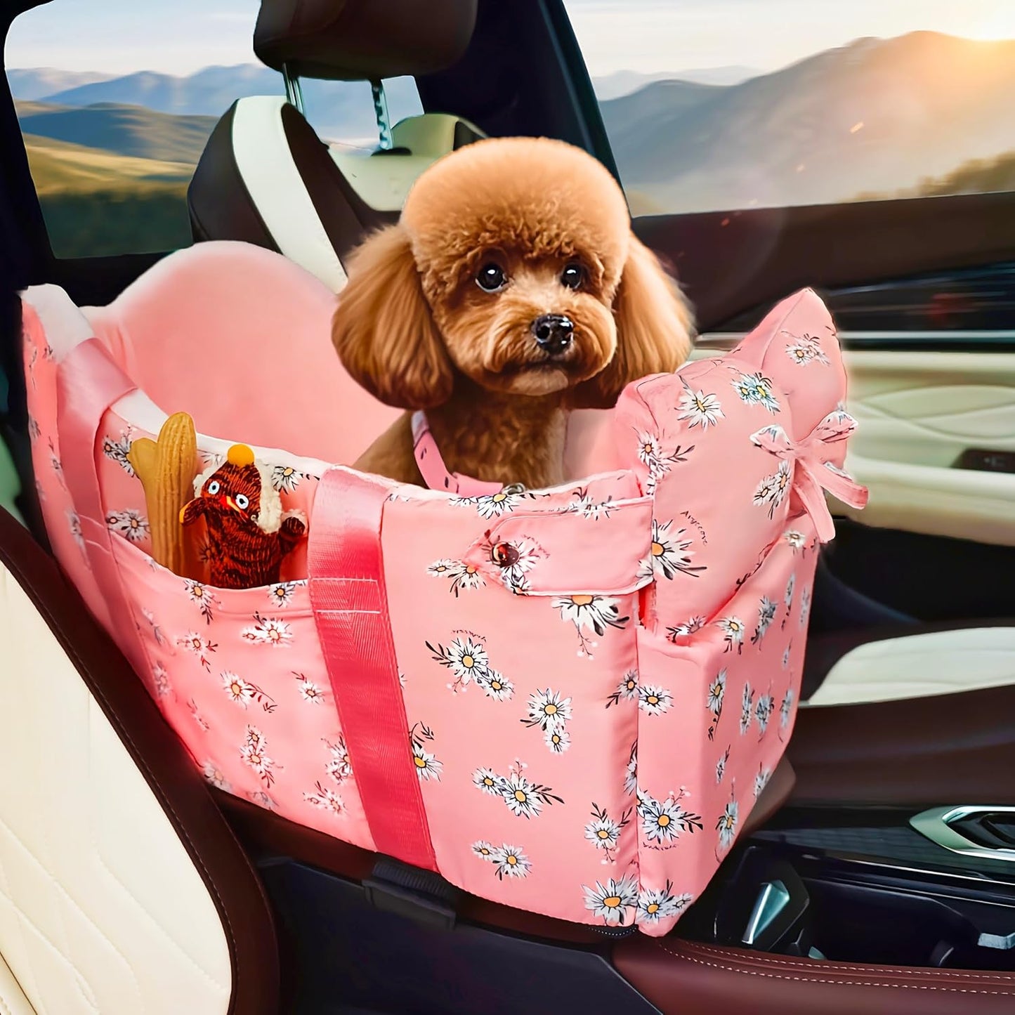 Console Dog Car Seat - Portable Dogs Armrest Booster Seat for Small Dog, Anti-Collapse Pet Car Seat with Soft Cushion Safety Belt, Support Pet Up to 11lbs (Pink Daisy)