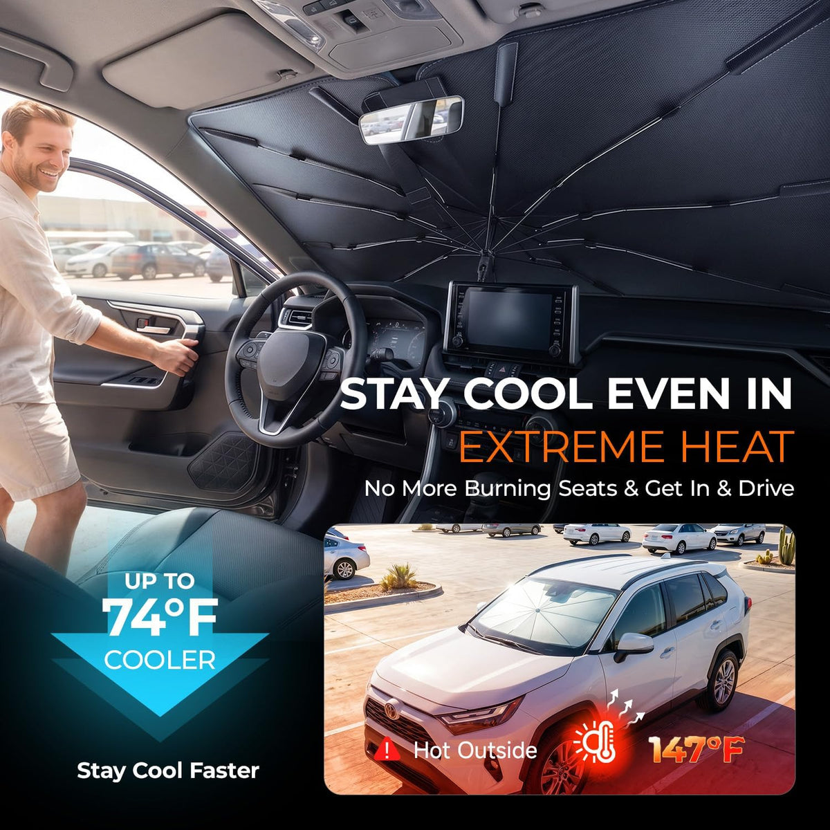 [2026 Upgraded] DooGooCoo Windshield Sun Shade Umbrella for Toyota Rav4 2019-2025 2026 [100% Sunlight Blocked, Cooling Ice Crystal] Sunshade for Car Windshield for Rav4 Sunshade, Custom Fit Rav4.