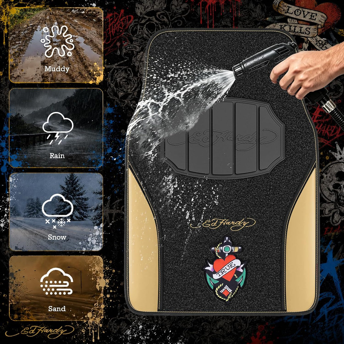 ED HARDY Heart Print Car Floor Mats, Carpet Floor Mats with Beige Leather Design, Automotive Car Mats with Built-in Heel Pad & Anti-Slip Backing, Fits Most Cars, SUVs & Trucks, Durable & Odorless