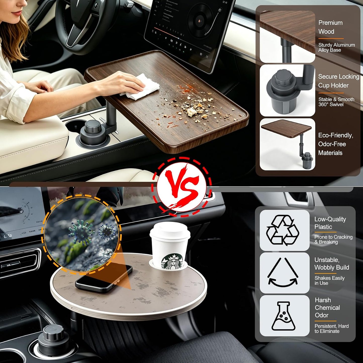 Car Desk for Laptop & Dining, 360° Swivel Height Adjustable Cup Holder Tray | Tool-Free Car Food Tray, Heat-Resistant Wood Tabletop, Fits 2.75–3.85" Cup Holders for Cars, SUVs, Trucks & Road Trips