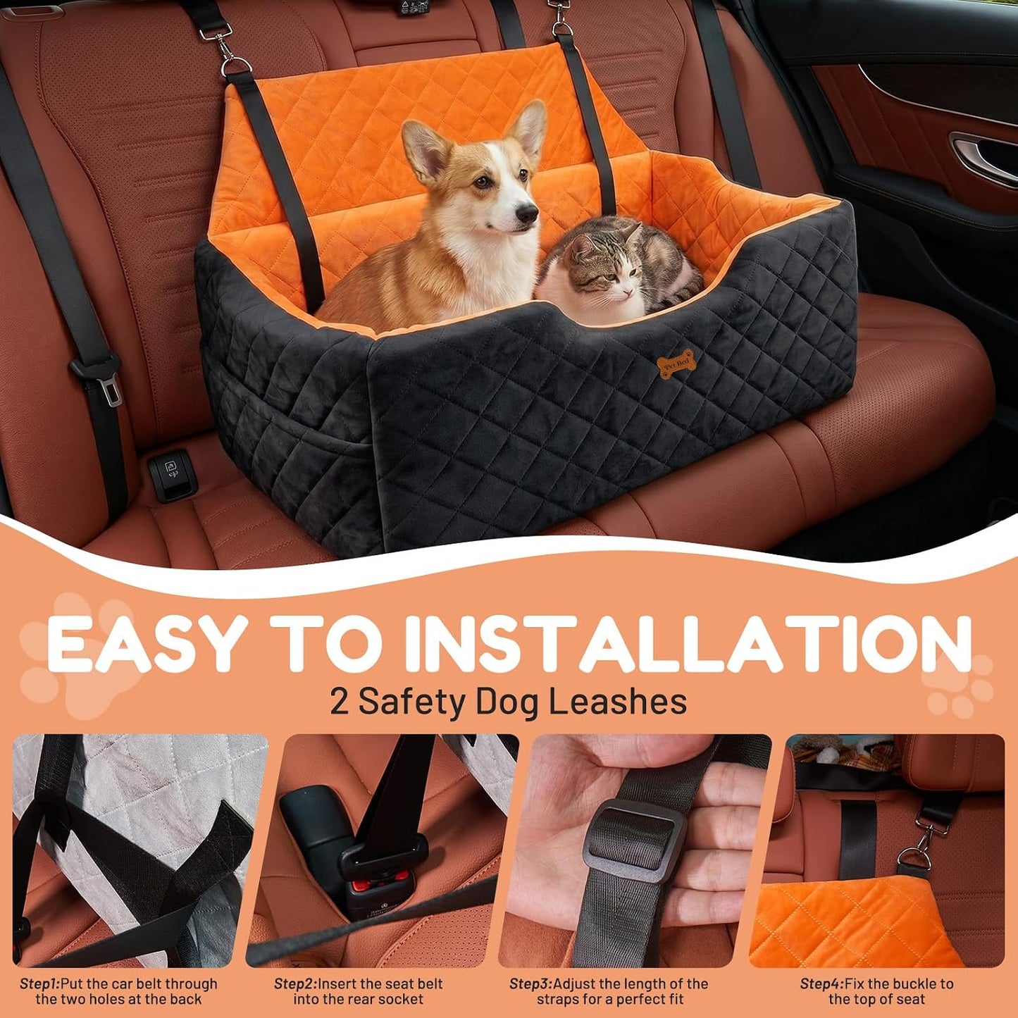 Dog Car Seat for Large Medium Dogs up to 55 lbs, Memory Foam Dog Booster Seat with Storage Pocket, 2 Safety Leashes,Washable Cover, Portable Anxiety Pet Travel Bed, Black