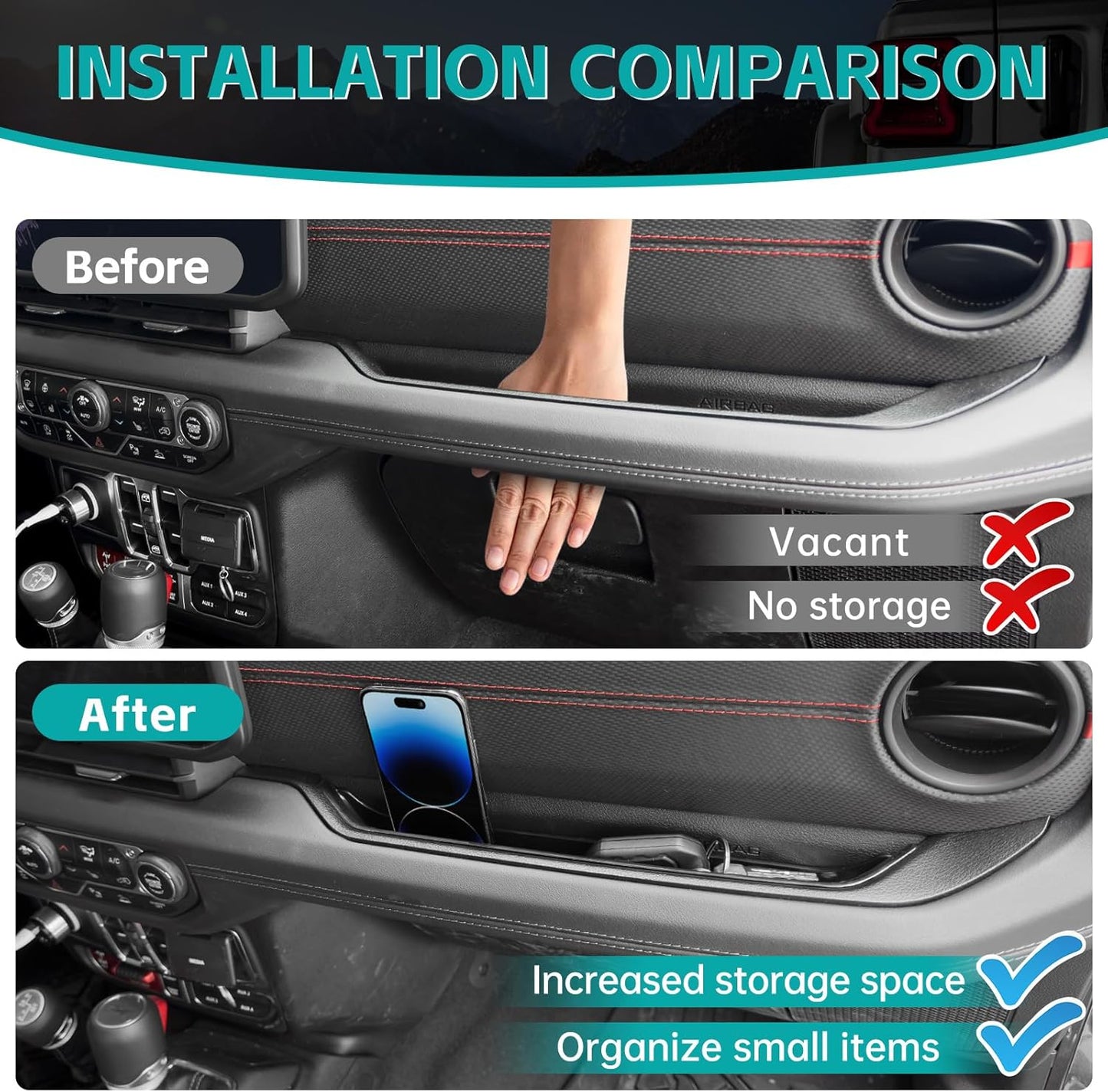 Grab Bar Tray Organizer Compatible with 2018-2023 Jeep Wangler JL JLU 4XE Rubicon Sahara & Gladiator JT Accessories, Passenger Side Grab Handle Storage Box, Interior GrabTray Accessories