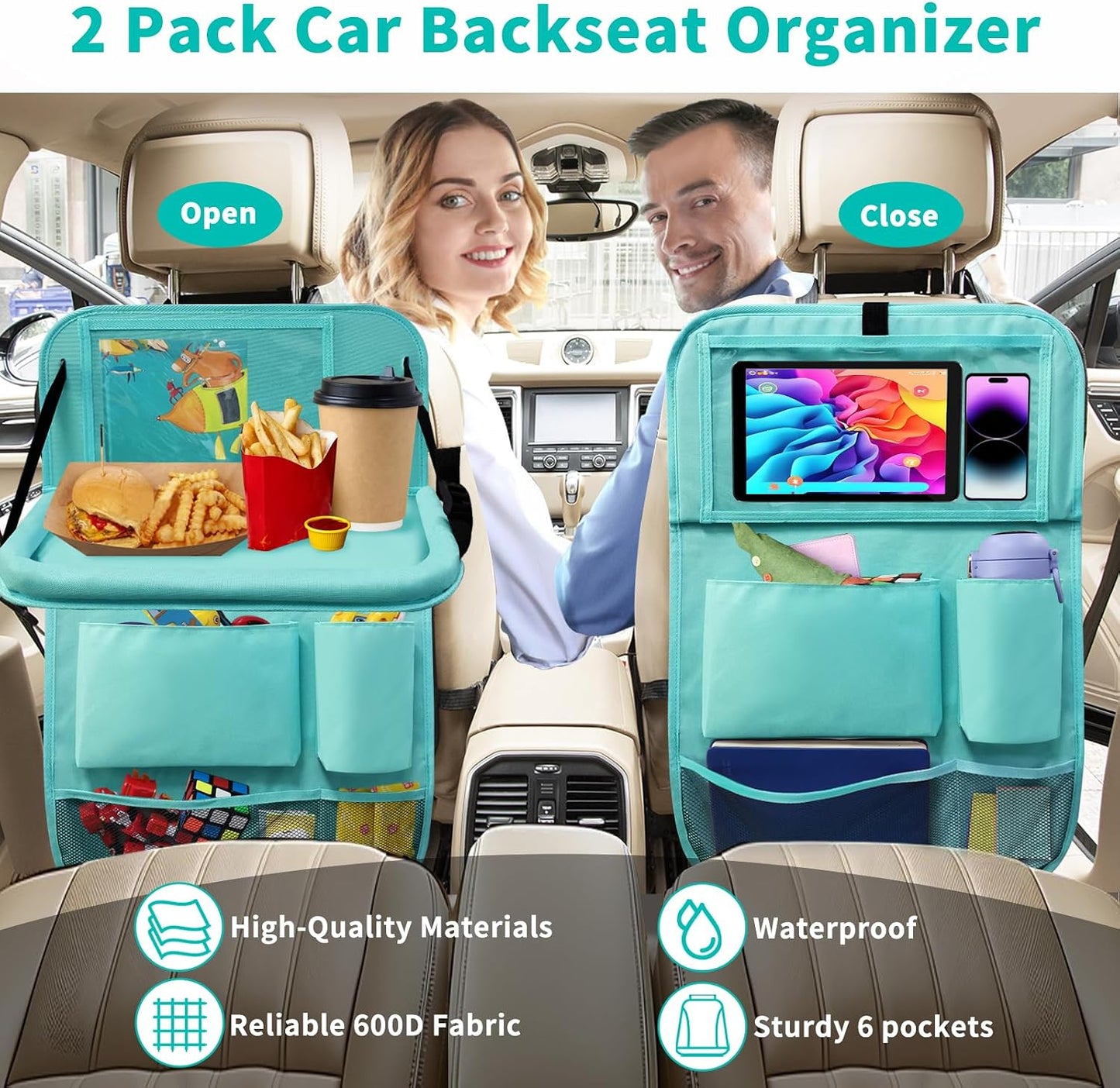 Backseat Car Organizer with Tablet Holder, 6 Storage Pockets Car Storage Organizer with Foldable Food Tray, Kick Mats Travel Accessories, 2 Pack BLue
