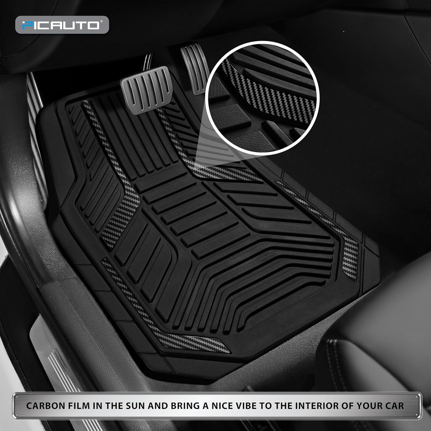 PIC AUTO Heavy Duty Rubber Floor Mats, Black Aluminum Film Car Mats Set, Front and Rear Car Mats with Anti-Slip Backing, All Weather Protection, Trim-to-Fit for Automotive SUV, Sedan, Van