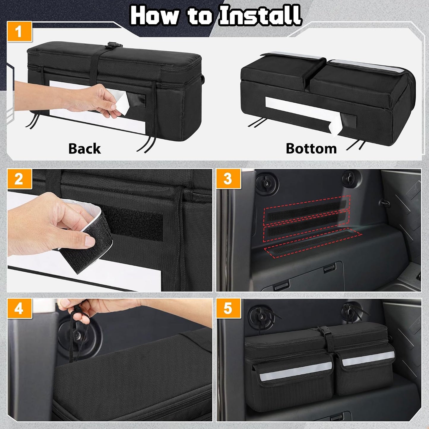 GRAOSO Car Trunk Organizer Compatible With Toyota FJ Cruiser 2007-2021, Multifunctional Car Storage Box with Lid, Double Layer Bag with 3 Wide Hook & Loop Tapes, Both Side with Straps to Fix, Black