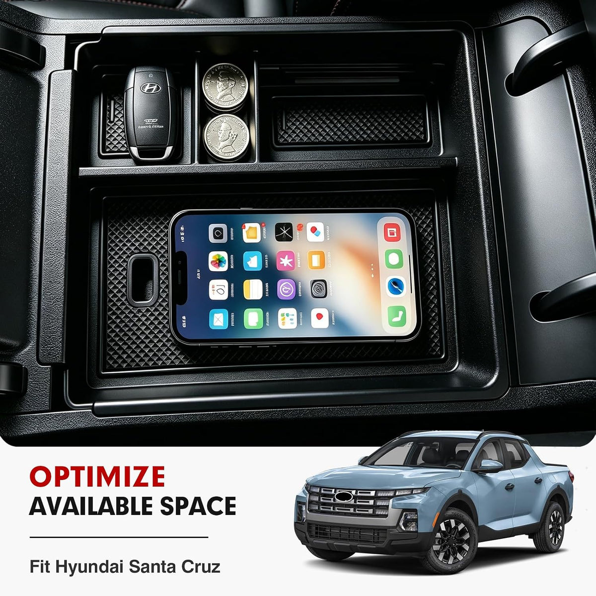 Autorder Center Console Organizer for 2022-2026 Hyundai Santa Cruz Accessories Car Armrest Storage Box Middle Console Tray Container with Black & Red Non-Slip Silicone Mats