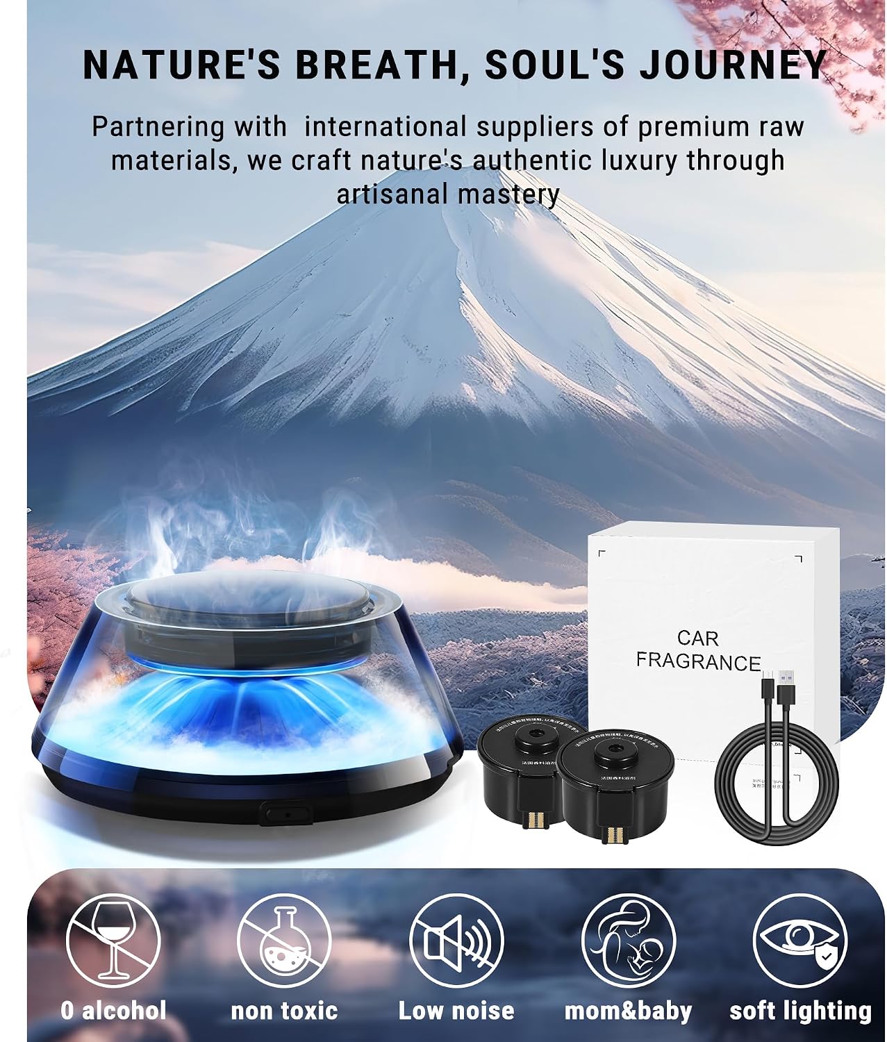 Upgraded Smart Car Air Freshener, Car Diffuser, Fuji Cologne &amp; Pine Forest 5 Mode Ambient Light &amp; Mist Fragrance with Auto On/Off Intensity Adjustable Mist for 6 Months C01 Automotive Diffuser,Premium