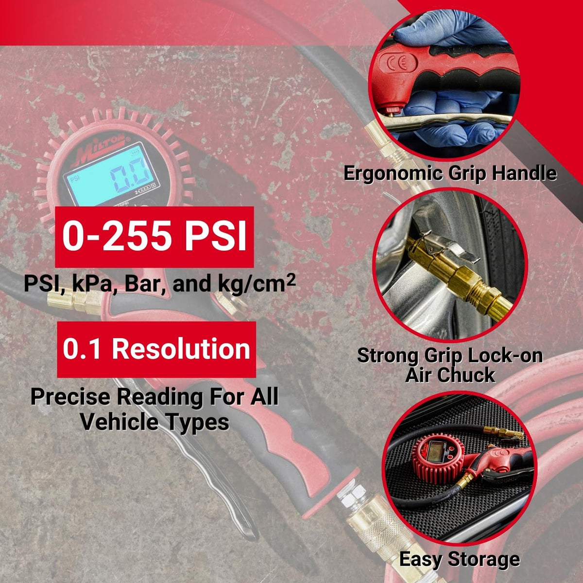 Heavy-Duty Digital Tire Pressure Gauge with Inflator, Clip-on Air Chuck, 20” Air Hose, Easy to Read 0.1 Display, Pistol Grip Handle, Max 255 PSI, 1/4" NPT, Assembled in USA