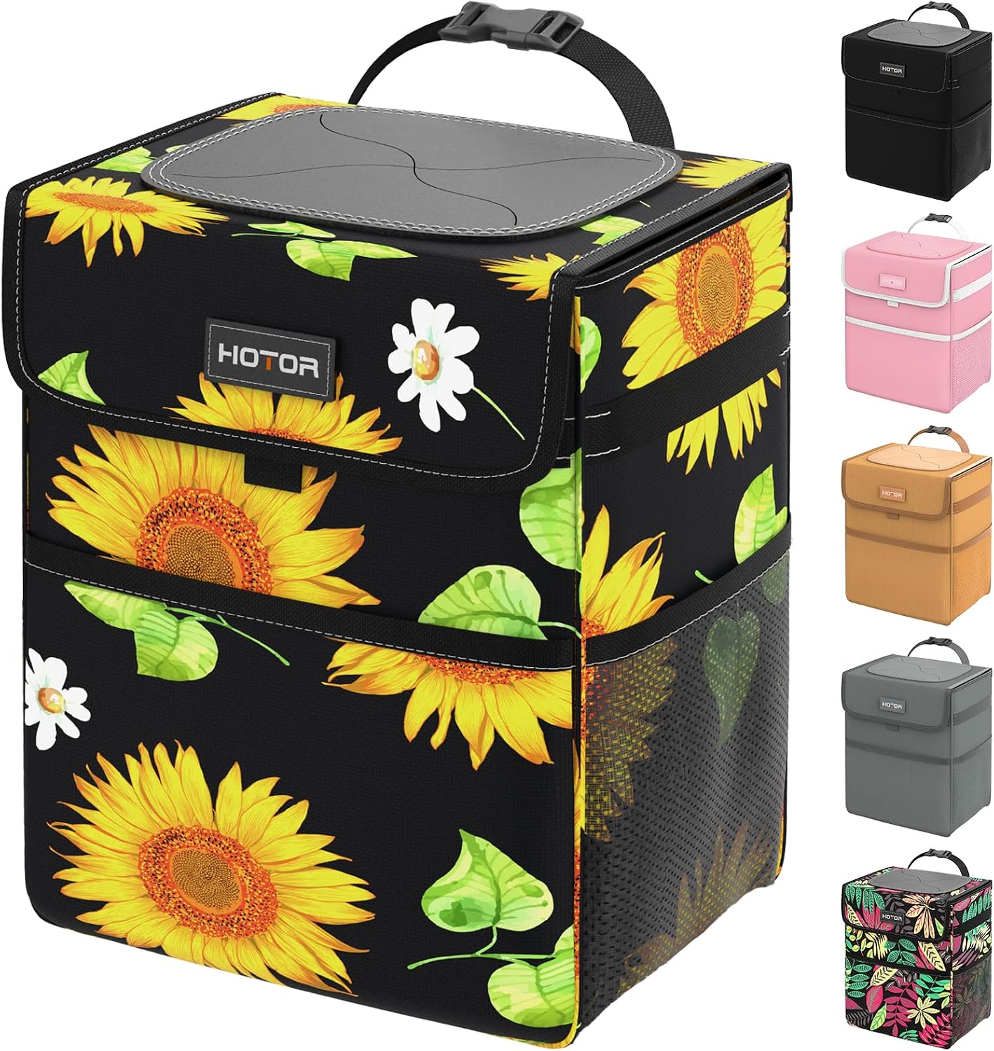 HOTOR Car Trash Can with Lid, Brown Trash Bag Hanging with Storage Pockets, 100% Leak-Proof Garbage Can with Adjustable Straps, Magnetic Snaps, Waterproof Interior Car Bin