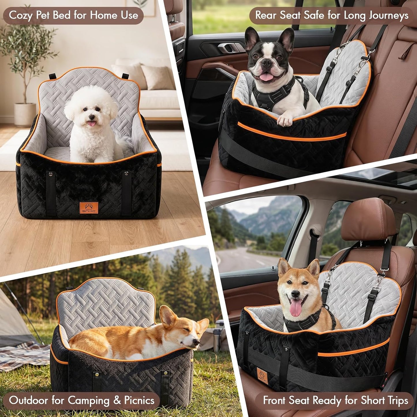 GINMIC Dog Car Seats for Small Medium Dogs up to 35 lbs – Dog Booster Car Seat with 5.3-Inch Memory Foam, Dual Safety Leashes, Detachable Washable Cover & Storage Pockets, Soft Travel Dogs Bed (Black)