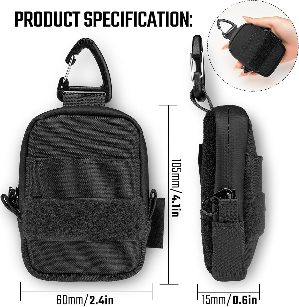 TACTICAL GEEK Storage A6 Mini Size EDC Utility Pouch, Mini Coin Purse with Custom Carabiner, EDC Mini Size Pocket Organizer, Wireless Headset Pack, Key Waist Case for Daily Carry Black