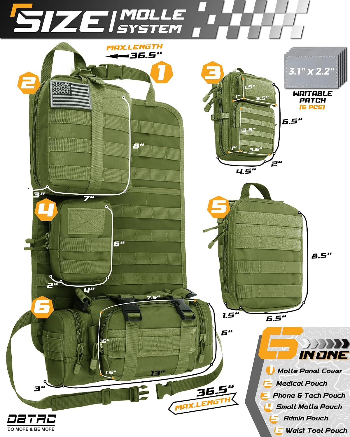DBTAC Tactical Molle Car Seat Organizer | Vehicle Back Panel with 5X Detachable Pouches, US Flag & Writable Reflective Patch for Cars, Trucks, SUVs, Sedans