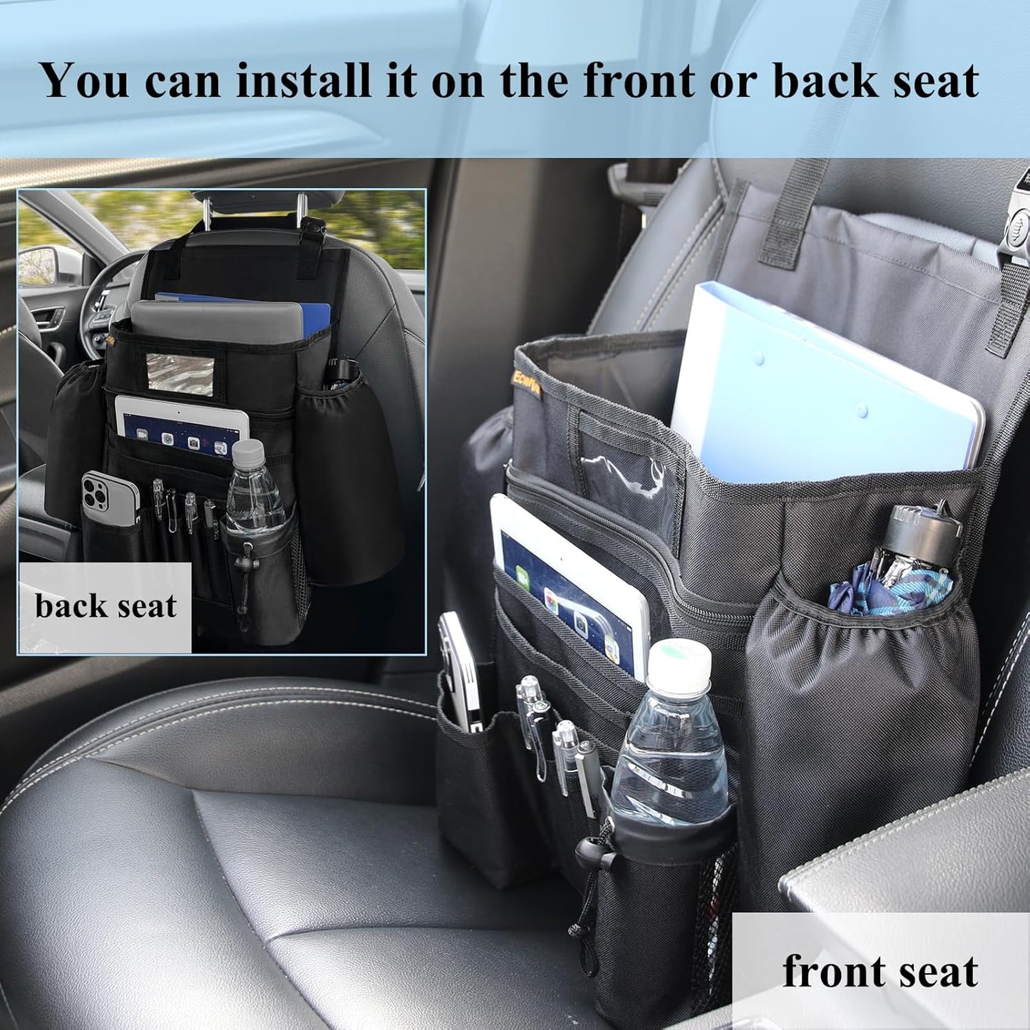 ECWKVN Car Front Seat Organizer - Car File Organizer, Passenger Seat Storage Bag Law Enforcement - Vehicle Storage with Dedicated Laptop Tablet Holder Cup Holder, Black