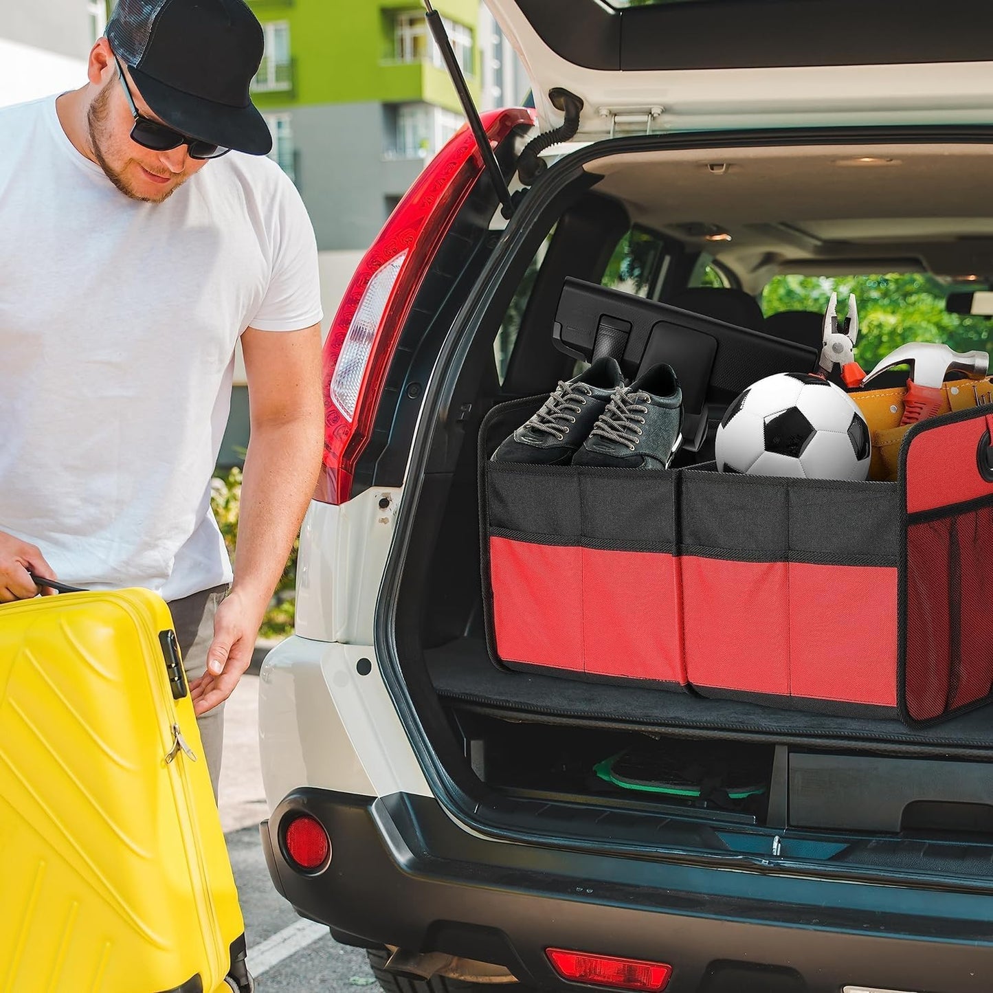 Simple Deluxe Trunk Organizer for Car/SUV/Truck, Collapsible 2 Compartment 50L Automotive Storage Box with 5 Pocket, 600D Waterproof Oxford Polyester, Anti-slip & Leak-proof, Red, 2 Pack